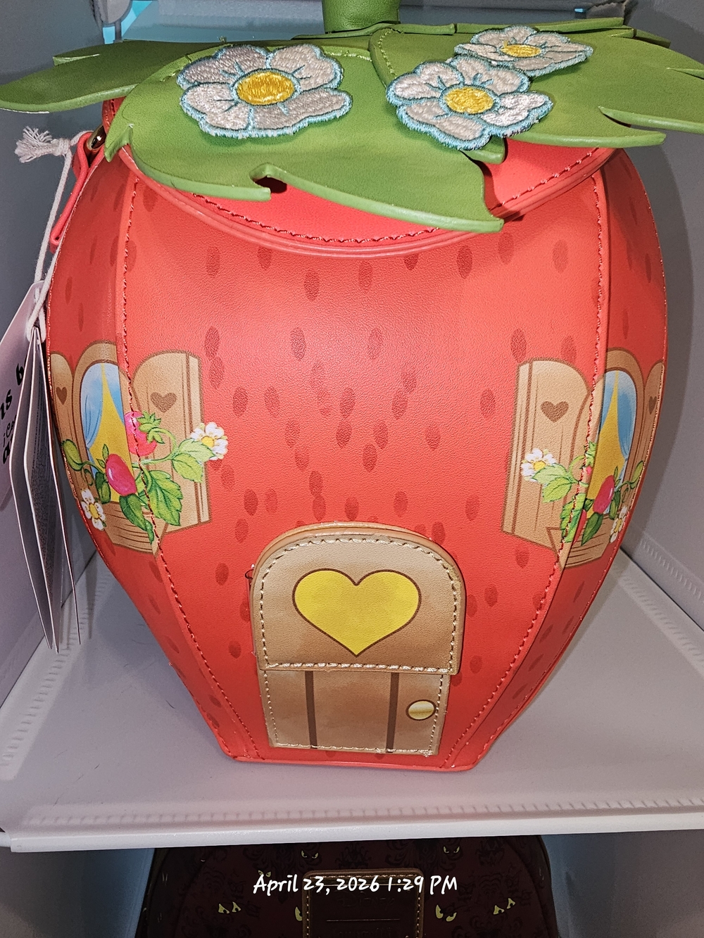 Loungefly Coral Strawberry-Shaped Crossbody Bag with Green Leaf Top
